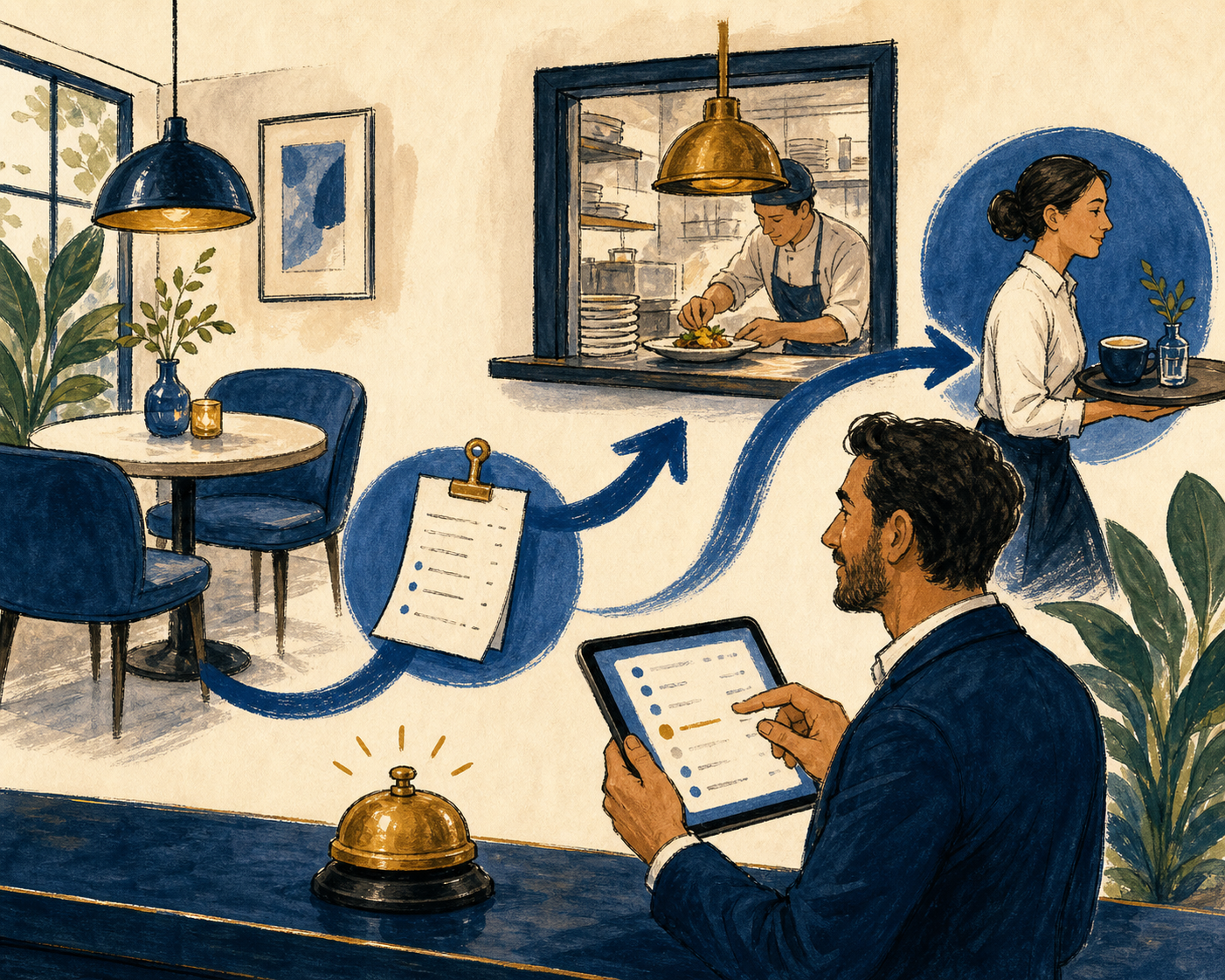Hand-drawn hospitality illustration showing service, kitchen coordination, and tablet work