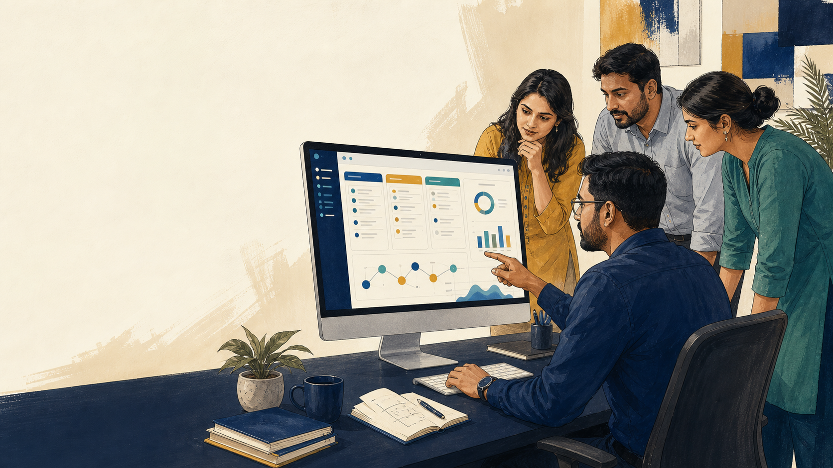 Illustration of a connected browser workspace used for remote meeting and collaboration planning