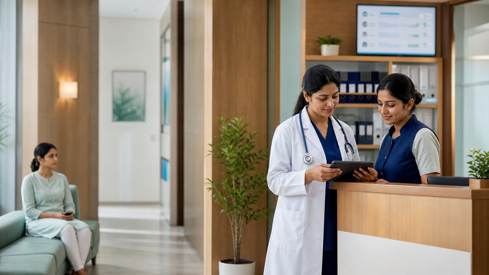 Clinic team reviewing a patient and appointment workflow at a reception desk